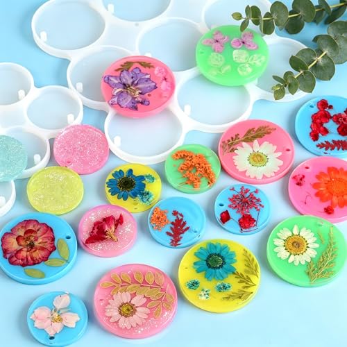 Resin Keychain Molds with Hole, Set of Round Keychain Casting Molds | 21-Cavity 1.87" and 1.37" Circle Keychain Silicone Molds with 21Pcs Key Rings for Epoxy Resin Pendant Christmas Ornaments - color: Round Resin Pandant Molds