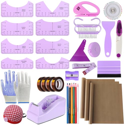 XEUZK Sublimation Shirts Tool Kits With 8 T Shirt rulers, 3Pack Teflon Sheet for Heat Press 12*16in, Heat Resistant Gloves & Silicone Bumps, 2 Rolls Heat Resistant Tape & Sublimation pencil (Violet) - color: Violet