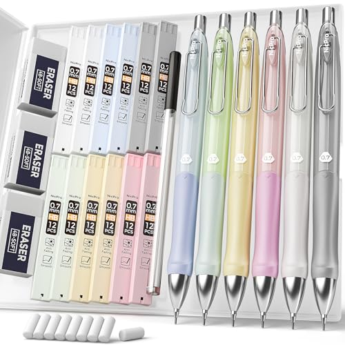 Nicpro 6PCS Pastel Mechanical Pencil Set 0.7 mm, Cute Mechanical Pencils with Comfort Grip with 12 Tubes HB Lead Refill, 3 Eraser, 9 Eraser Refills for Student Writing, Drawing, Sketching- with Case