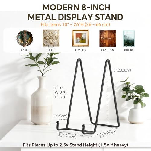 Artliving Metal Plate Stands for Display - 8-Inch Tabletop Holder for Decorative Plates, Picture Frames, Cookbooks, Plaques - Black Iron Display Easels - 2 Pack - size: 8“（2 pack）