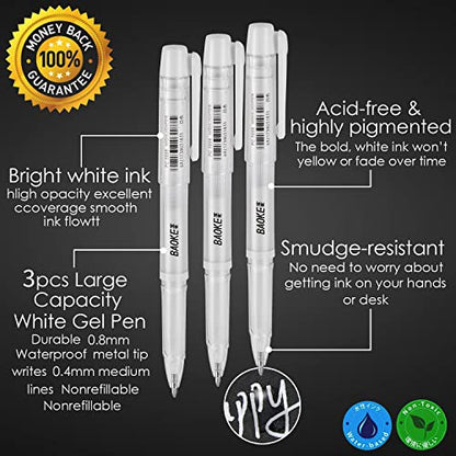 Qionew White Gel Pen Set, 1mm Gel Ink Pens Opaque White Archival Ink Pens for Black Paper Drawing, Sketching, Illustration, Card Making, Bullet Journaling - size: 1 Count (Pack of 3), style: White
