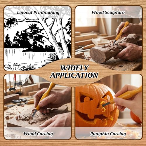 WILLBOND 5 Pcs Wood Carving Tools Set Linocut Chisel Flat Linoleum Kit 1.7mm, 3mm, 4.5mm, 6mm, 7.6mm Wood Carving Knife Woodworking Tools for Detail Roughing Woodblock Printing Woodcut Printmaking