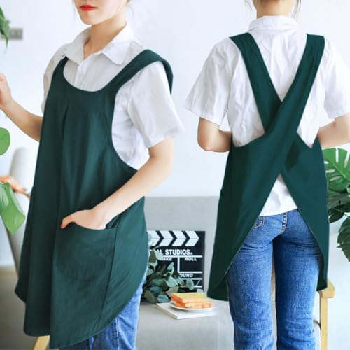 NEWGEM Japanese Cotton Linen Cross Back Cooking Apron for Women Men with Pockets Cute for Baking Kitchen - color: 07 - Women's Dark Green