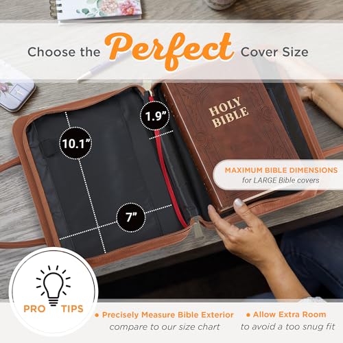 Christian Art Gifts Fashion Vegan Leather Purse Style Bible Cover Case for Women: All Things Through Christ Gold Inspirational Scripture, Pen Loops, Two Handles, Pockets, Navy & Brown Floral, Large - size: Large