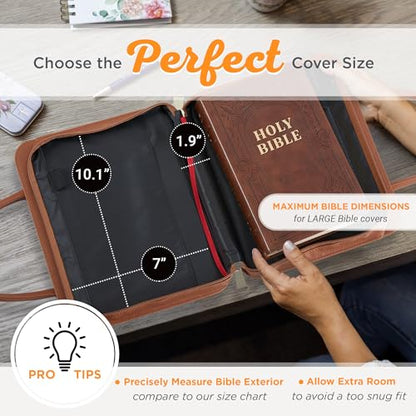 Christian Art Gifts Fashion Vegan Leather Purse Style Bible Cover Case for Women: All Things Through Christ Gold Inspirational Scripture, Pen Loops, Two Handles, Pockets, Navy & Brown Floral, Large - size: Large