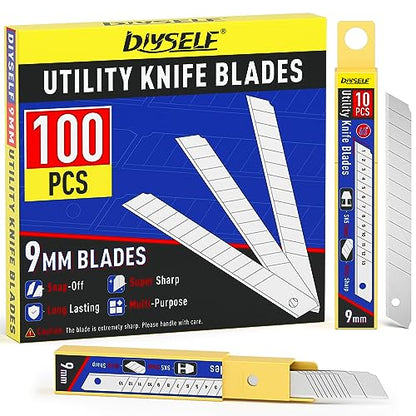 DIYSELF 100 Pack Utility Knife Blades, 9mm Box Cutter Blades Refills (60°) | Bulk Refill Supply, Box Cutter Replacement Blades for Cartons, Paper & Warehouse Use, High Carbon Steel - size: 100-Pack(60°)