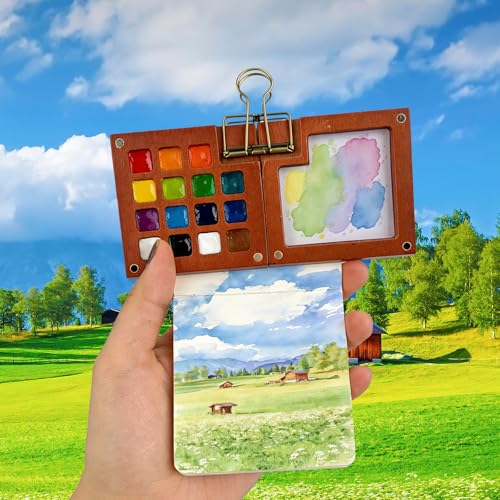 Mini Portable Watercolor Paint Palette Set - 15 Grid Paint Box with Binder Clips Include 24 Colors Watercolor Paint, 5 Brushes & Sketchbook, Travel Drawing Kit for Beginners and Art Enthusiasts - size: 15grid