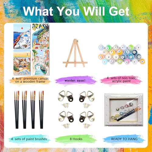4 Pcs Cityscape Paint by Numbers for Adult with Frame Canvas - Wooden Easel - color: BKH2362+BKH2363+BKH2364+BKH2365