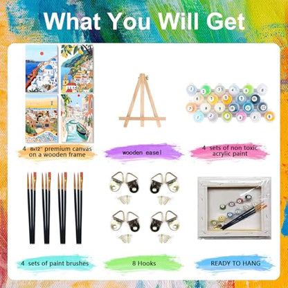 4 Pcs Cityscape Paint by Numbers for Adult with Frame Canvas - Wooden Easel - color: BKH2362+BKH2363+BKH2364+BKH2365