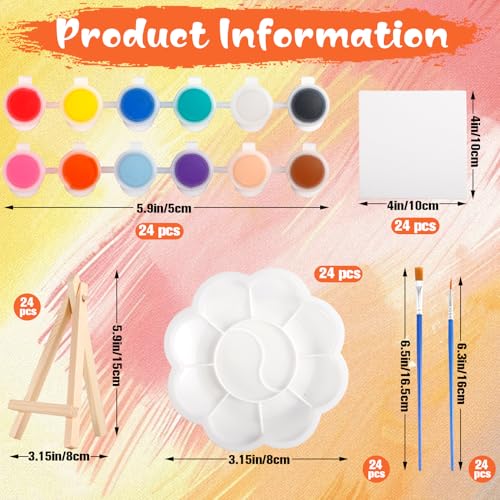 24 Pack Mini Canvas Boards and Easel Paint Set, Acrylic Paint Set | 24Pcs 4" X 4"Canvas and Easel,12 Colors Washable Acrylic Paint Strips,48 Brushes,24 Palettes for Painting Crafts Party Favors - color: 4" X 4"
