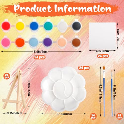 24 Pack Mini Canvas Boards and Easel Paint Set, Acrylic Paint Set | 24Pcs 4" X 4"Canvas and Easel,12 Colors Washable Acrylic Paint Strips,48 Brushes,24 Palettes for Painting Crafts Party Favors - color: 4" X 4"