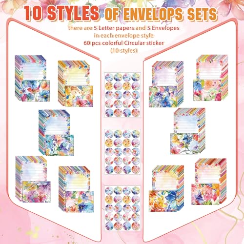 TaoBary 160 Pcs Stationery Paper Set 50 Double Sided Stationery Papers with 50 Matching Envelopes and 60 Round Dot Sticker, 10 Design(Bright Floral,5.5 x 8.25 Inch) - size: 5.5 x 8.25 Inch, style: Bright Floral