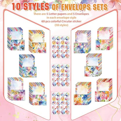 TaoBary 160 Pcs Stationery Paper Set 50 Double Sided Stationery Papers with 50 Matching Envelopes and 60 Round Dot Sticker, 10 Design(Bright Floral,5.5 x 8.25 Inch) - size: 5.5 x 8.25 Inch, style: Bright Floral