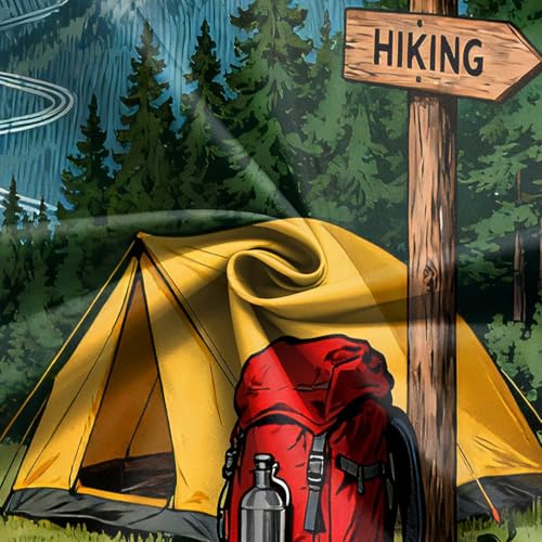 8x6FT Camping Backdrop Pine Tree Camping Equipment Bonfire Directional Sign Background for Outdoor Adventure Travel Holiday Themed Party Decoration Photo Shoot Props Vinyl - size: 8x6FT