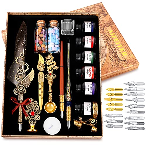 Aifeiter Feather Pen Ink Set - 6 Bottles of Ink, Quill Pen, Glass & Wooden Dipping Pens, 8 Sheets of Writing Paper, Envelope, Wax Granules, Round Wax, Seal, Spoon, Pen Holder (Grey) - color: Grey