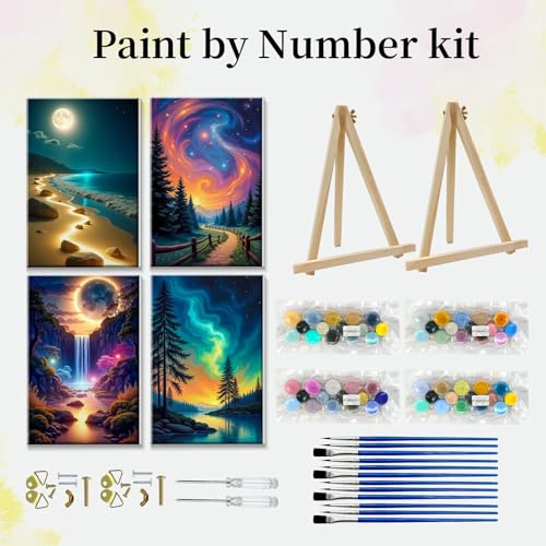 JOOZ 4 Pack Paint by Numbers Kit for Adults with Frame Aurora Paint by Number with Easel DIY Mountain Landscape Adult Paint by Number Kits Moon Oil Painting Kits for Home Wall Decor 8x12 Inch - color: Aurora 32