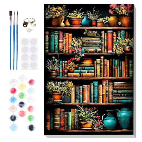 Bowetile Framed Paint by Numbers Bookshelf for Adults Beginners, Adults' Paint-by-Number Kits, Easy Adult Paint by Number Kits on Canvas, Acrylic Bookshelf Number Painting for Home Decor, 8x12in - color: Bookshelf