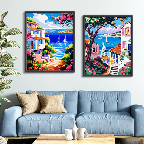 ZTOTZ Pink Landscape Paint by Numbers kit for Adults,Easy Paint by Numbers kit Seaside,Summer Holiday Number Painting for adults16X20 inch - color: B-005-seaside landscape