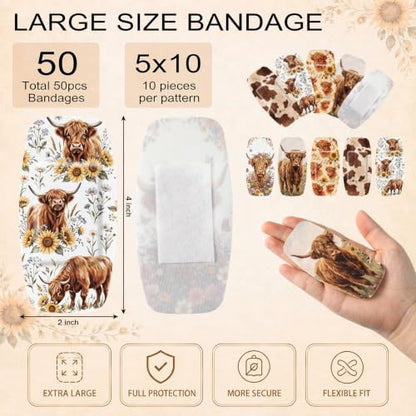 Geiserailie Large Flexible Fabric Bandages 2x4 Waterproof,Highland Cow | Cushioned Pad Protects Wounds and Cuts, Latex Free Bandages for Sensitive Skin, Stays Secure During Daily Activities - style: Highland Cow