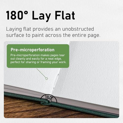 Watercolor Sketchbook 6.5" x 6.5" - 100% Cotton, 24 Sheets, Cold Press 140 lb / 300 GSM Watercolor Journal with Wide Elastic Band - Ideal for Plein Air Painting, Ink & Mixed Media - color: Green