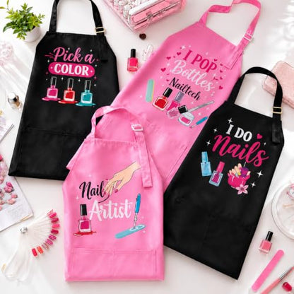 4 Pack Funny Nail Tech Aprons for Women, Waterproof Smocks with Pockets | Four fun nail artist aprons with adjustable neck straps and 2 roomy pockets for salons, beauty schools and home manicures