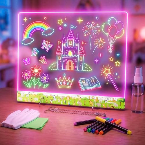 16" LumiBoard LED Drawing Board for Kids - 7 Colors & 10 Modes Rechargeable Acrylic LED Note Board with 7 Markers Cleaning Kit, Sketching & Birthday Gifts for Kids/Girls/Teens（Animals） - color: Animals