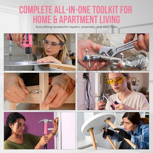 Hi-Spec Tool Set with 8V Drill Set Home DIY Repair & Maintenance, Pink - color: Pink, size: 70-Piece