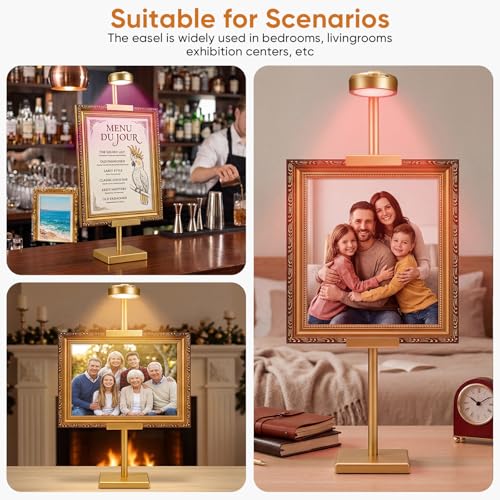 30'' Adjustable Tabletop Easel Stand with Rechargeable 13RGB Poster Light | Picture Frame Light, Picture Easels for Display,Gold Metal Picture Frame Holder Stand for Artwork, Photo,Sign. - color: Gold