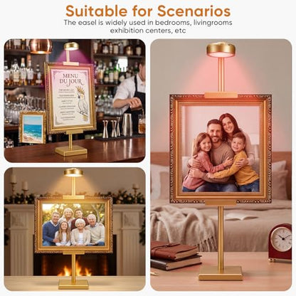 30'' Adjustable Tabletop Easel Stand with Rechargeable 13RGB Poster Light | Picture Frame Light, Picture Easels for Display,Gold Metal Picture Frame Holder Stand for Artwork, Photo,Sign. - color: Gold