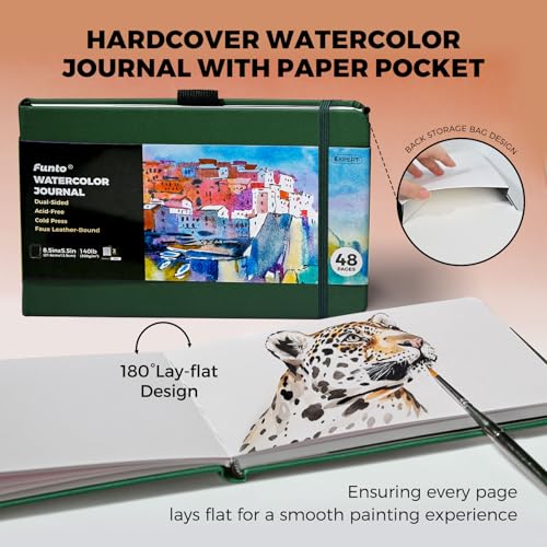 Funto Watercolor Journal, 8.5x5.5, 2 Pack, 48 Pages Each, Green Leather Cover, Cold-Pressed, Inner Paper Pocket, Art Supplies for Mixed Media - color: Green-Leather-8.5 x 5.5