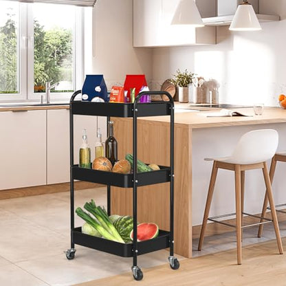3-Tier Rolling Cart, Metal Utility Storage Carts with Wheels, Black | Multi-Functional Organizer Snack Cart Easy Assembly - color: Black