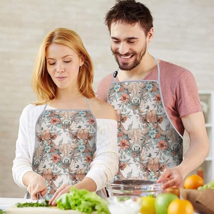 Apron with 2 Pockets,Kitchen Chef Artist Aprons for Cooking Gardening Baking Painting, Waterproof Apron 33" x 27" - color: Highland Cow