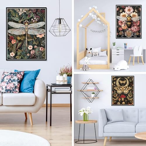 GOUOYANA Vintage Diamond Art Kit for Adult-3P Dragonfly Diamond Wall Art | Round Drill Dragonflies Moths Bees DIY Diamond Painting for Kits Adults 5D Diamond dots(Gemstone Craft)Wall Decor Gift12x16IN - color: DP01180