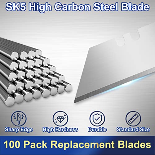 100 Pack Utility Knife Blades, Knife Blades, SK5 Razor Blades | SK5 steel stays sharp through cartons, carpet and vinyl, box cutter blades in a dispenser keep utility blades organized - size: 100 Pack