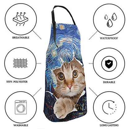 Funny Apron Polyester Grooming Aprons with Pocket for Cooking Kitchen Grilling Adults - color: Art Sky Cat