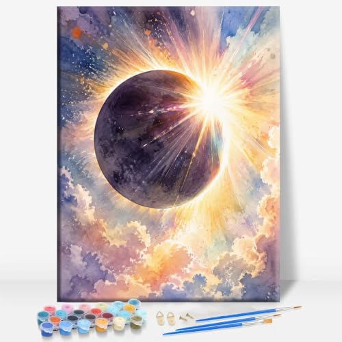 Aeontinity Eclipse Corona Diamond Ring Space Framed Canvas DIY Paint by Numbers Kit Bar Cafe Cave Home Room Wall Bathroom Porch Patio Decor Gift, 16 x 12 Inch - color: ECLIPSE CORONA DIAMOND RING - 16 x 12 Inch