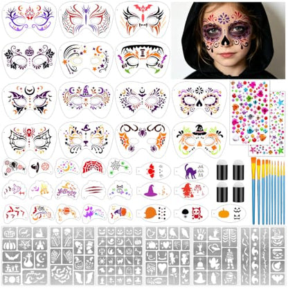 58PCS Halloween Face Paint Stencils Kit Includes 36 Reusable Facial Painting Stencils, 6 Sheets Tattoo Templates Stickers, 10 Brushes, 2 Pack Adhesive Gems, 4 Sponge for Halloween Party Makeup - color: Halloween