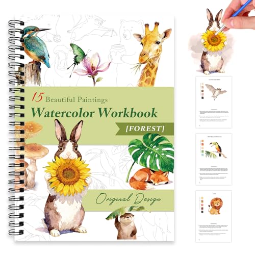Watercolor Workbooks for Adults Beginners & Teens, 16 Colors 15 Beautiful Paintings, Pre-Outlined Designs, Easy Watercolor Art Book（Without Palette Forest） - color: Forest, size: without palette