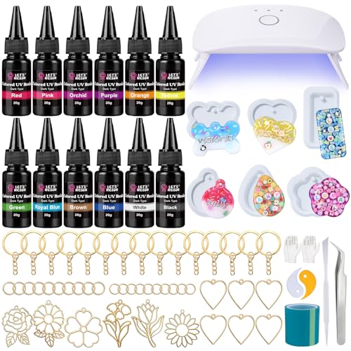 LET'S RESIN 12-Color UV Resin, 73Pcs Keychain Making Kit for Beginners - size: 240g Colored Keychain Making Kit