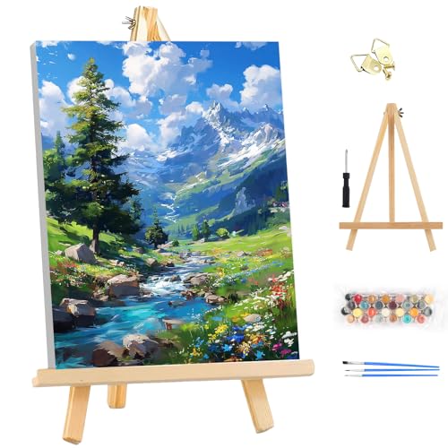 EOBROMD Framed Paint by Numbers Kits for Adults with Wooden Easel, Landscape Mountain DIY Acrylic Paint by Number on Stretched Canvas, Painting Kits Adults Oil by Numbers for Home Decor 10x14 Inch - color: LG053
