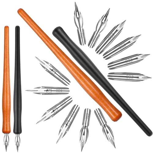 Guduling 14 Pcs Dip Pen Set,2 Wooden Dip Pens Holder + 12 Stainless Steel Calligraphy Dips Pen Nibs for Calligraphy, Comic Inking & Art Drawing, Gift for Artists & Writers