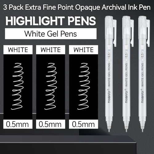 PANDAFLY White Gel Pens, 3-Pack, 0.5mm Fine Point Opaque Gel Ink Pens | White Archival Ink Pens for Highlights, Black Paper Drawing, Sketching, Illustration, Card Making, Bullet Journaling - style: White-0.5mm