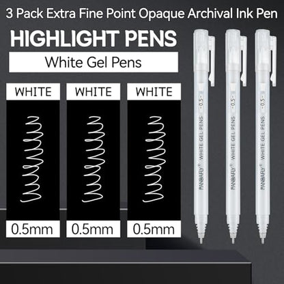 PANDAFLY White Gel Pens, 3-Pack, 0.5mm Fine Point Opaque Gel Ink Pens | White Archival Ink Pens for Highlights, Black Paper Drawing, Sketching, Illustration, Card Making, Bullet Journaling - style: White-0.5mm