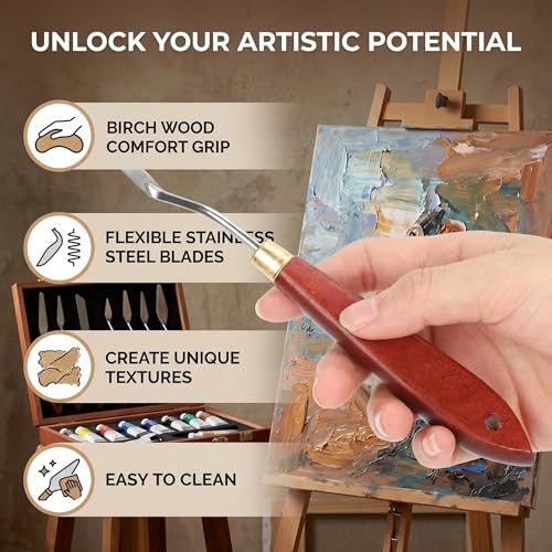 7-Piece Palette Knife Set, Stainless Steel Spatula & Mixing Scraper for Painting, With Birch Wood Handles for Oil Acrylic Watercolor Canvas Art Supplies, Blending & Texture Tools