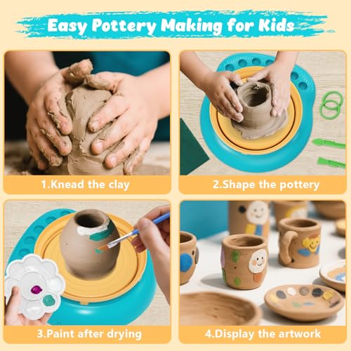 Pottery Wheel for Kids with Air Dry Clay Kit, 12 Paints & Tools, Ages 6-12 | No kiln needed: shape on the electric wheel, air-dry & paint. Gentle beginner speed; kit adds 3 clay packs, tools & apron - color: yellow/cyan