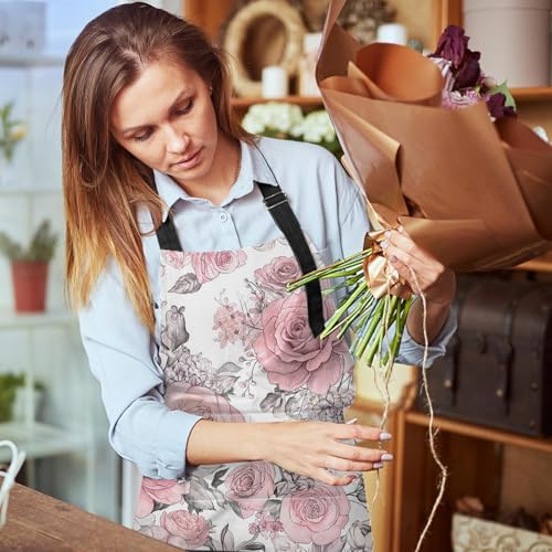 Britimes Apron with Pockets, 32x28 inch, for Women Men, Pink Flowers - color: Peony 2