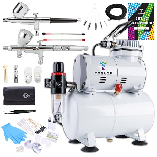 Airbrush Kit with Compressor and Tank, Dual Action Airbrush Set | 3L Tank Compressor with Two Airbrushes and 0.2/0.3/0.5mm Nozzles for Model Painting, Hobby and Craft Projects