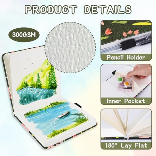 5x5" Watercolor Sketchbook,Mixed Media Pad,Travel Portable Drawing Journal | 140LB/300gsm 20Sheets/40Pages Watercolor Paper,Cloth Fabric Hardcover,Sewing Binding,Lay-Flat.Spring Rabbit - color: 300gsm-Spring Rabbit