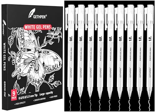 GETHPEN 9 Pack White Gel Pens, 0.6/0.8/1.0mm Fine Opaque Archival Ink Pens - size: 1 Count (Pack of 9), style: 9 Pack White