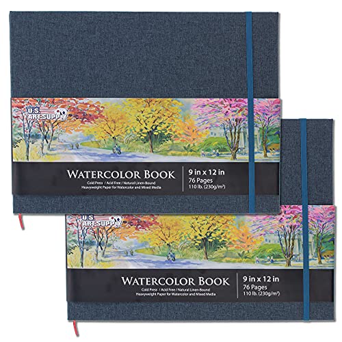 U.S. Art Supply 9" x 12" Watercolor Book (2 Pack, 76 Sheets Each) | 110lb (230 GSM) Linen-Bound Hardcover Artist Paper Pads - Acid-Free Cold-Pressed Watercolor Paper Pad Mixed Media - size: 9-x-12-inch